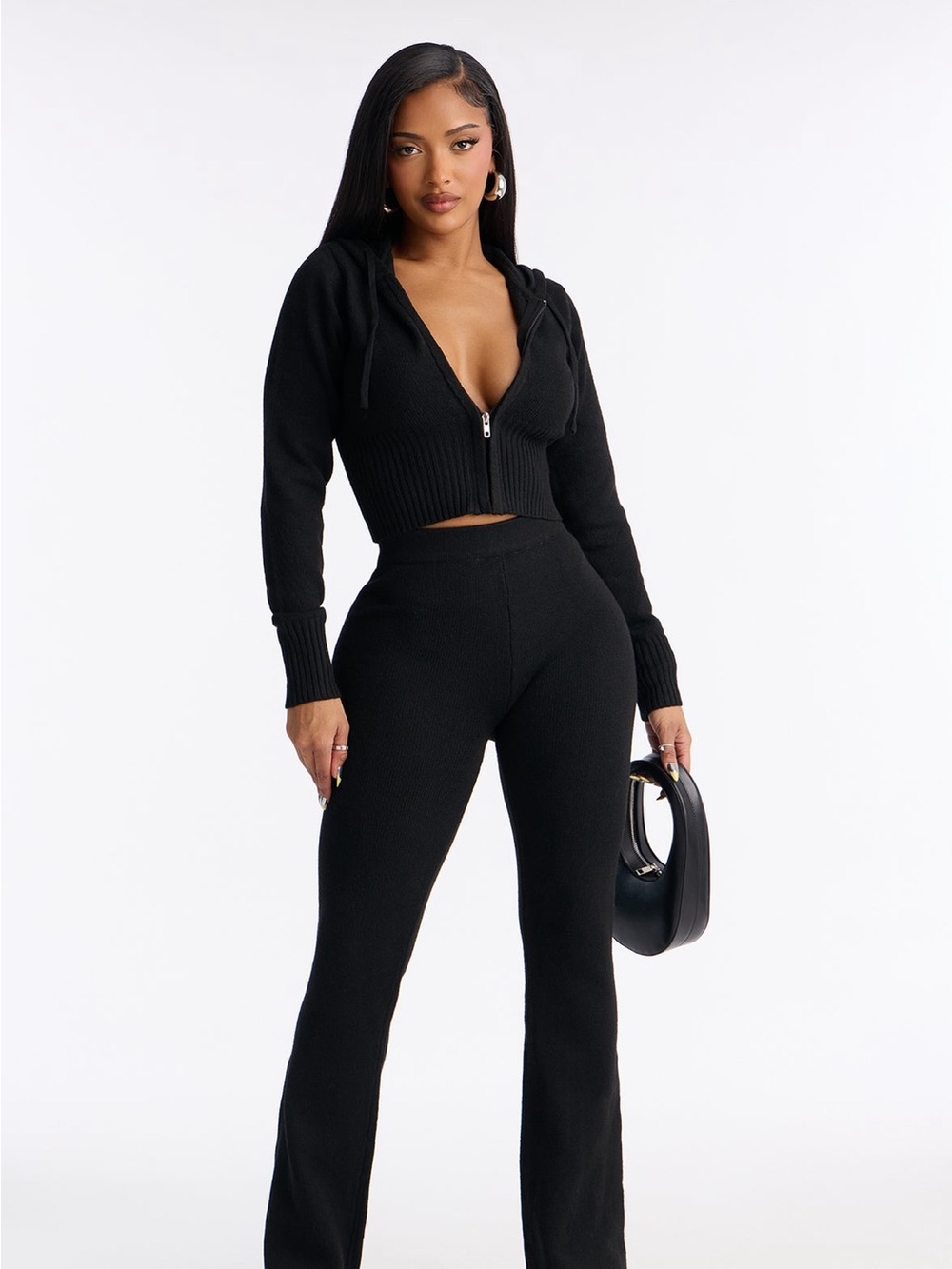 Fashion Nova Black Ribbed Flare Knit Set